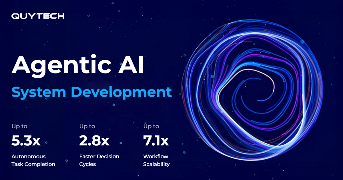 Futuristic visualization of agentic AI systems showing autonomous agents making decisions through interconnected neural pathways and collaborative multi-agent architecture